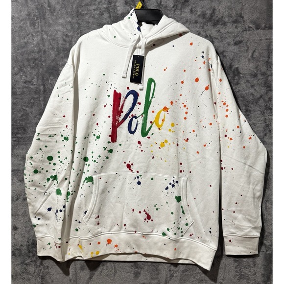 Polo Ralph Lauren Men's White Paint Splatter Hoodie Sweatshirt Rare NWT Size XLT